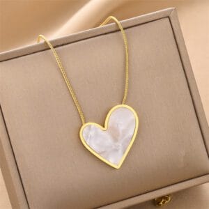 Elegant Gold Tone Heart Necklace with White Marbled Pendant