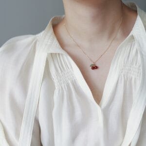 Dainty Red Cherry Heart Necklace in Radiant Gold Tone
