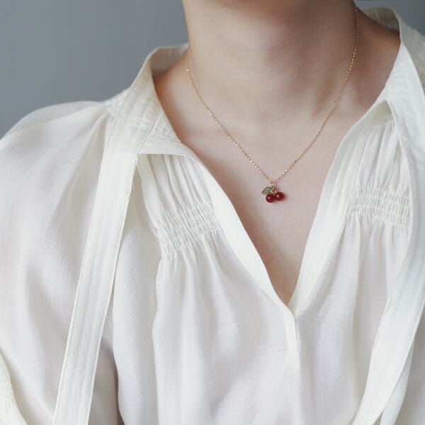 Dainty Red Cherry Heart Necklace in Radiant Gold Tone