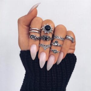 Vintage Style Silver Ring Set with Black Stone Rings
