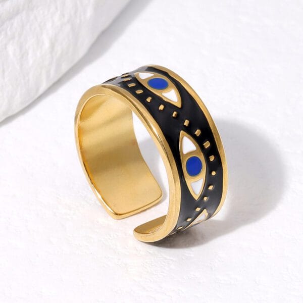 Gold & Black Evil Eye Ring | Blue Enamel Wide Cuff Band