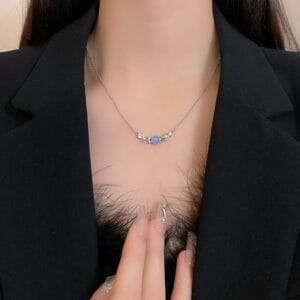 Silver Blue Stone Necklace | Delicate White Crystal Leaf Chain