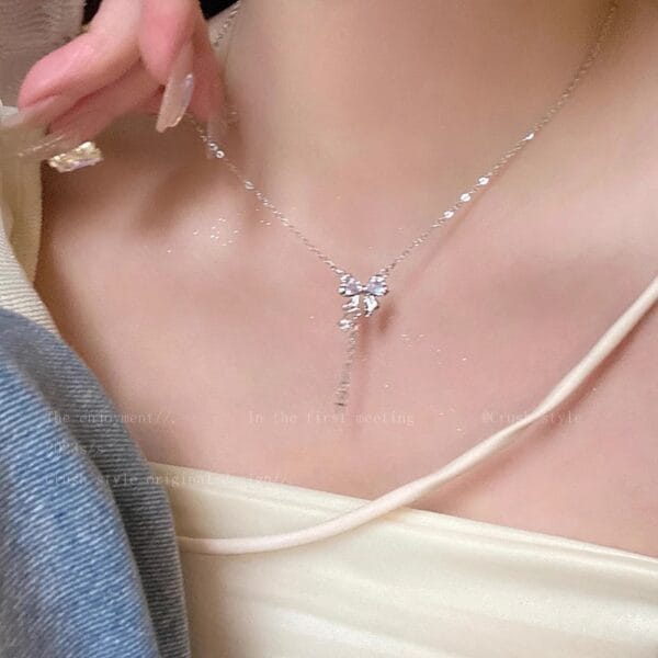Silver Lavender Crystal Bow Lariat Necklace | Dainty Drop Chain