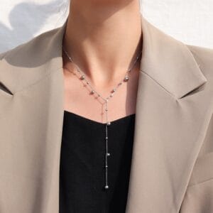 Silver Beaded Lariat Necklace | Minimalist Y-Drop Ball Chain