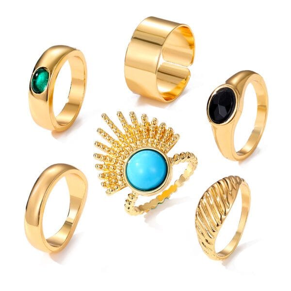1837410938077188096 Gold Ring Set 6 Piece | Green Black Turquoise Stone Stack Rings