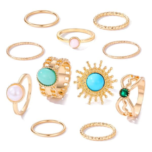 Gold Ring Set 10 Piece | Pink Blue Green Stone Stacking Rings