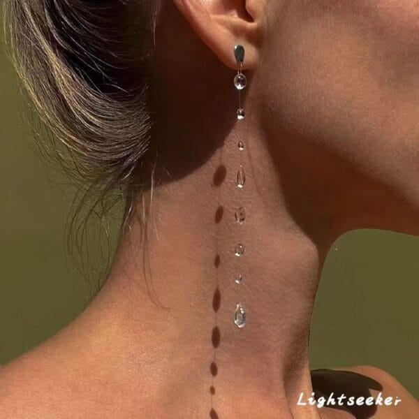 Silver Clear Crystal Long Drop Earrings | Cascading Raindrop Chain