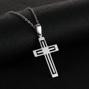 Silver Tone Stainless Steel Cross Pendant Necklace | Modern Design