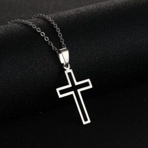 Sleek Stainless Steel Outline Cross Necklace - Silver Tone Pendant