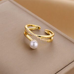 Elegant Gold Adjustable Pearl Ring with CZ Accents