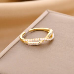 Gold Plated Adjustable Pearl & CZ Open Crossover Ring