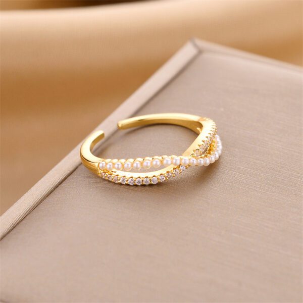 Gold Plated Adjustable Pearl & CZ Open Crossover Ring