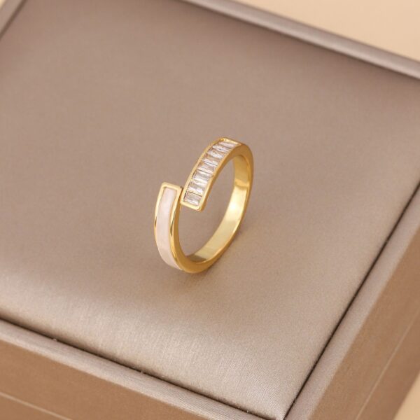 Gold Stainless Steel Open Ring | White Enamel & Baguette Zircon