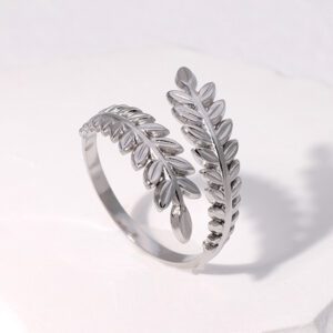 Adjustable Silver Stainless Steel Leaf Ring - Nature Inspired Design