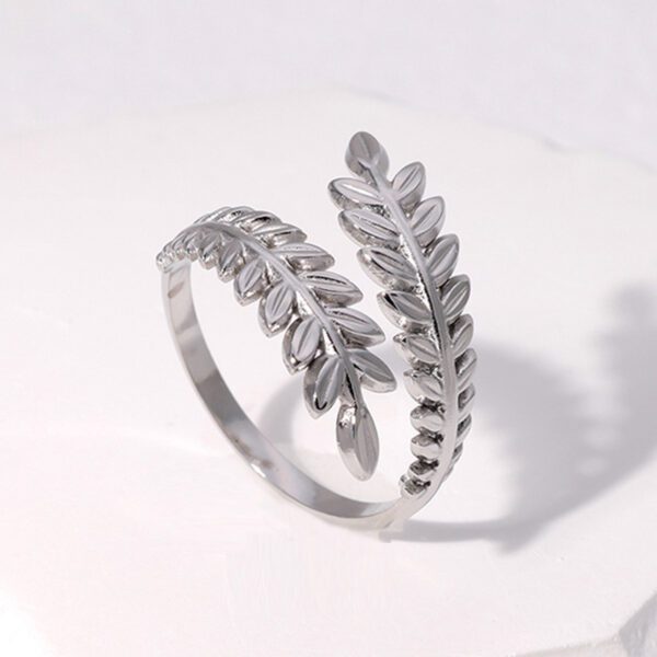 1599580170384183296 Adjustable Silver Stainless Steel Leaf Ring - Nature Inspired Design