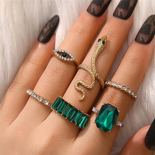 Gold Emerald Green Ring Set | Stackable Snake & Evil Eye Fashion