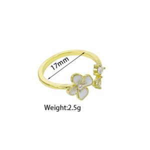 Adjustable Gold Flower Ring with White Enamel & CZ Stones