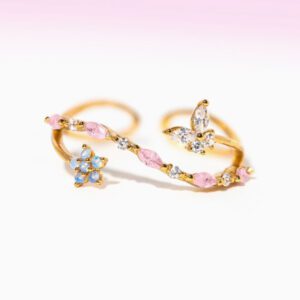 Gold Plated Butterfly Flower Open Ring - Pink & Blue Stone Design