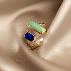 Gold Plated Adjustable Ring with Mint Green & Royal Blue Stones