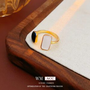 Stylish Gold Plated Stainless Steel Open Ring - Black & White Inlay