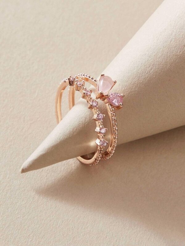 1825398170692227072 Elegant Rose Gold Pink Stone Stacked Ring - Women's Jewelry