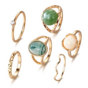 Gold Stackable Ring Set with Green & Cream Stones | Fashion Rings