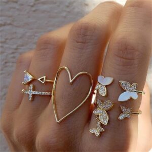 Gold Stackable Rings Set - Heart, Butterfly & Cross Designs