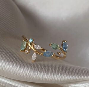 Dainty Gold Leaf Ring with Blue & Green Multicolor Gemstones