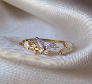 Gold Plated Butterfly Ring with Lavender Stones - Adjustable Stainless Steel