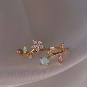 Adjustable Gold Plated Floral Ring with Multicolor Gemstones