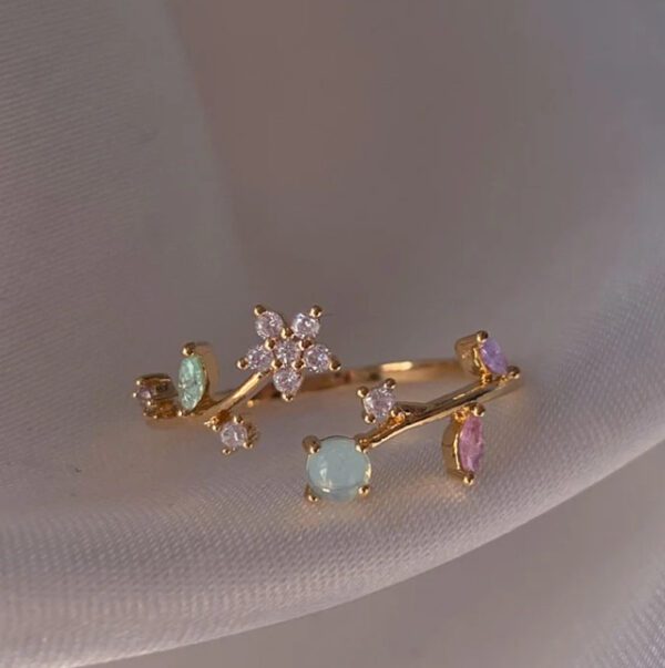 Adjustable Gold Plated Floral Ring with Multicolor Gemstones