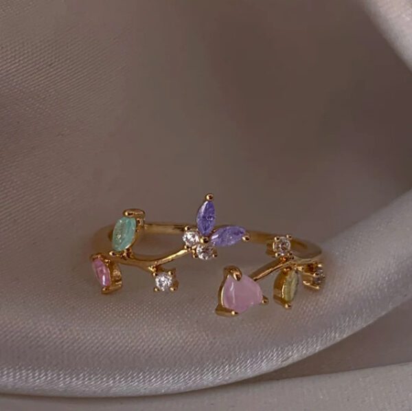 Gold Plated Butterfly Ring | Pastel Gemstone Vine Design