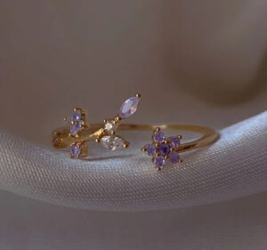 Delicate Gold Plated Lavender Floral Ring | Adjustable Stainless Steel