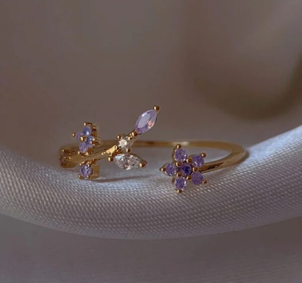 Delicate Gold Plated Lavender Floral Ring | Adjustable Stainless Steel
