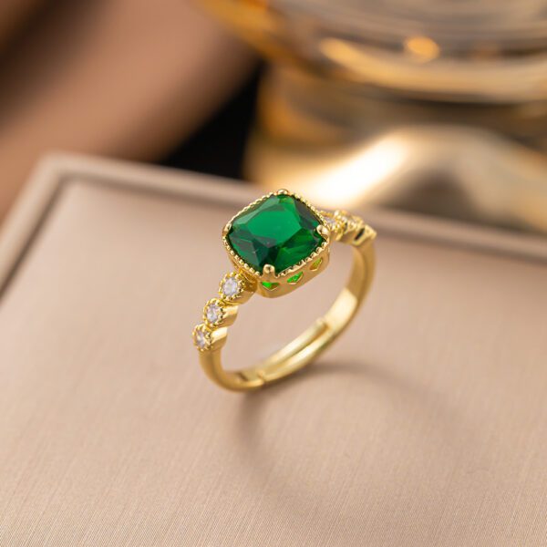 Adjustable Gold-Tone Green Emerald Gemstone Ring - Stainless Steel