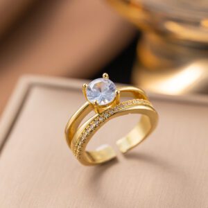 Sparkling Gold Adjustable CZ Ring - Stainless Steel Open Band