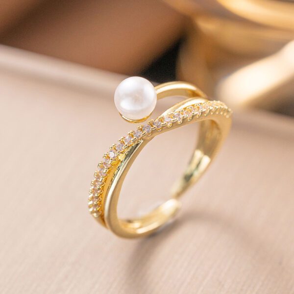 1907623476043321344 Elegant Adjustable Gold Pearl Ring with Zirconia | Stainless Steel