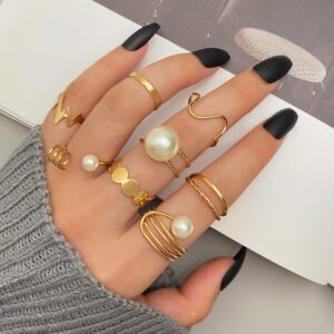 Gold Pearl Stackable Rings Set - Boho Chic Fashion Jewelry