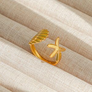 Gold Stainless Steel Seashell Starfish Adjustable Ring