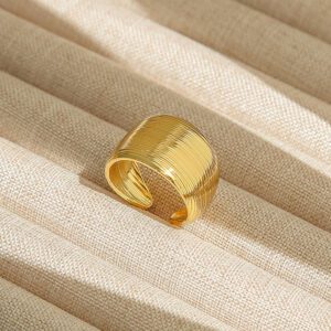Adjustable Gold Wide Band Ring | Multi-Line Stainless Steel Design