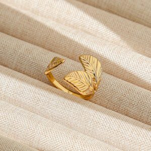 1920366899745656832 Gold Leaf Open Ring - Stainless Steel Adjustable Nature Jewelry