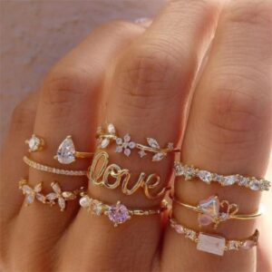 Gold Stackable Rings Set with Crystal & Love Script Design