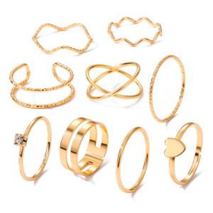 9-Piece Gold Stackable Ring Set - Trendy Stainless Steel Jewelry for Women