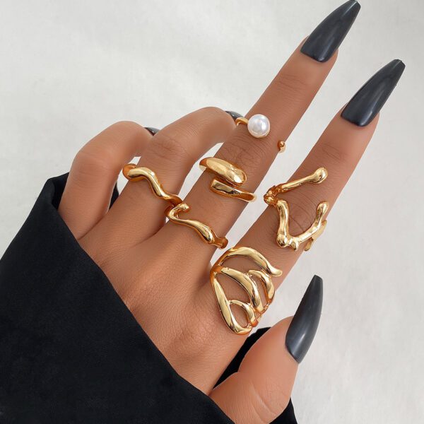 1934494435496824832 Gold Sculptural Ring Set 5 Piece | Pearl Wave Wrap Statement Stack