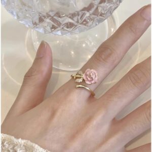 1936009075867389952 Dainty Pink Rose Adjustable Ring - Gold Tone Stainless Steel