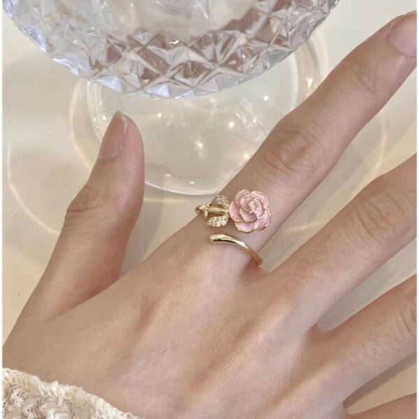 1936009075867389952 Dainty Pink Rose Adjustable Ring - Gold Tone Stainless Steel