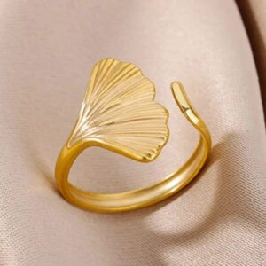 Gold Ginkgo Leaf Adjustable Ring - Stainless Steel Fan Design