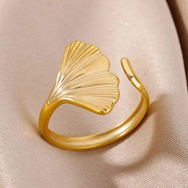 Gold Ginkgo Leaf Adjustable Ring - Stainless Steel Fan Design