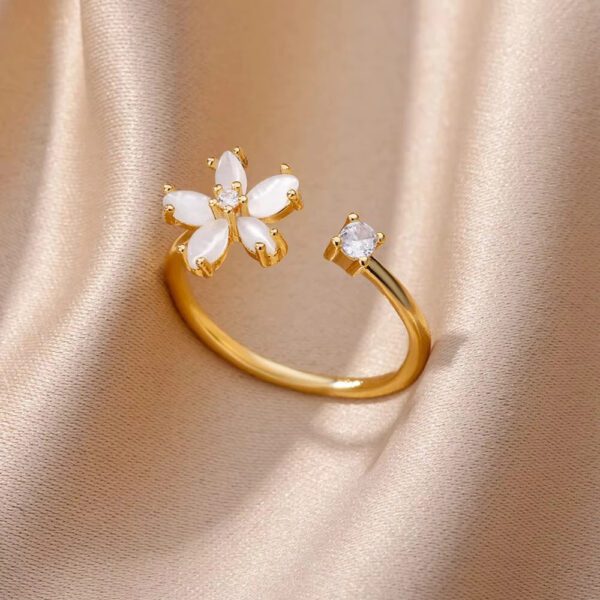 Elegant Gold Open Flower Ring with White Petals | Adjustable Design