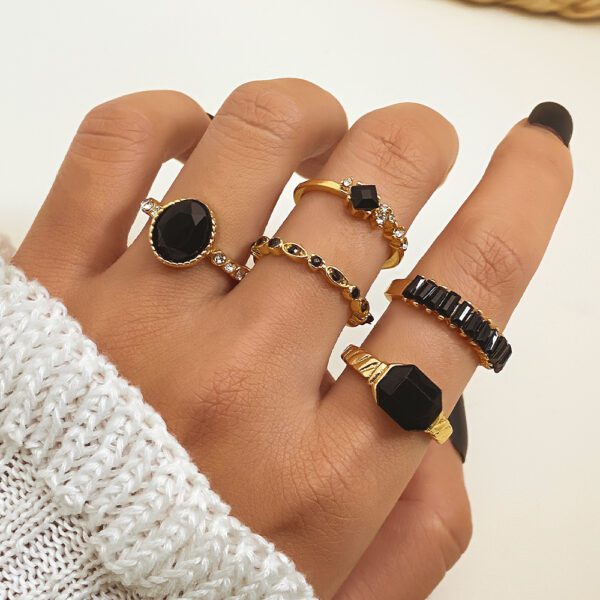 Trendy Gold Tone & Black Stone Ring Set - Stainless Steel